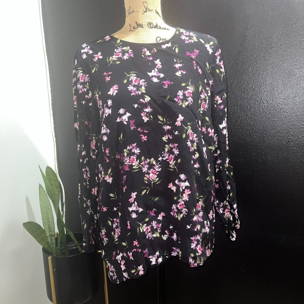 J. Jill Black Pink Floral Long Sleeve Rayon Blouse Top Petite‎ Medium PM